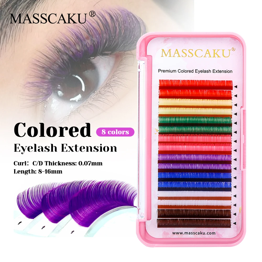 

MASSCAKU 8 Colors Long-lasting Rainbow Classic Volume Eyelash 0.07mm Thickness Waterproof Mix Color Regular Lashes Easy to Pick