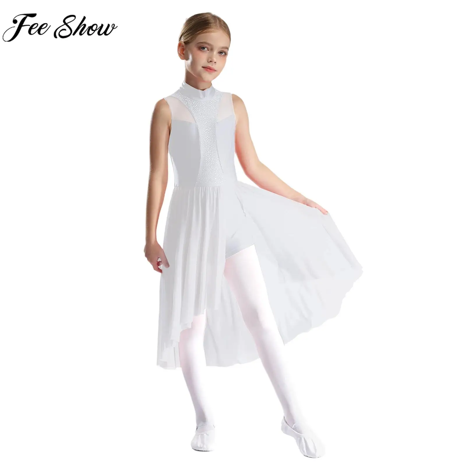 Teen Girls Figure Skating Dress Modern Lyrical Dance Costume Sleeveless Shiny Rhinestone Gymnastics Ballet Leotard Dancewear