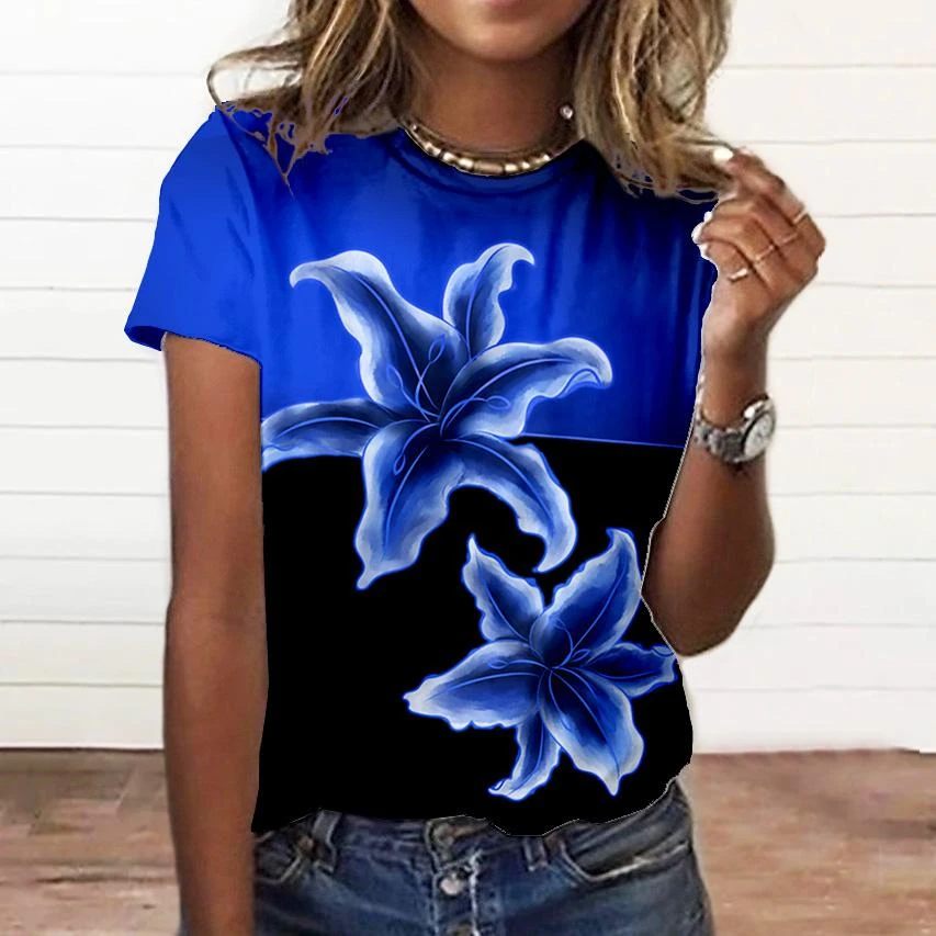 Camiseta con estampado Floral 3d para mujer, Tops de talla grande, ropa para todos los días, camiseta de manga corta para mujer