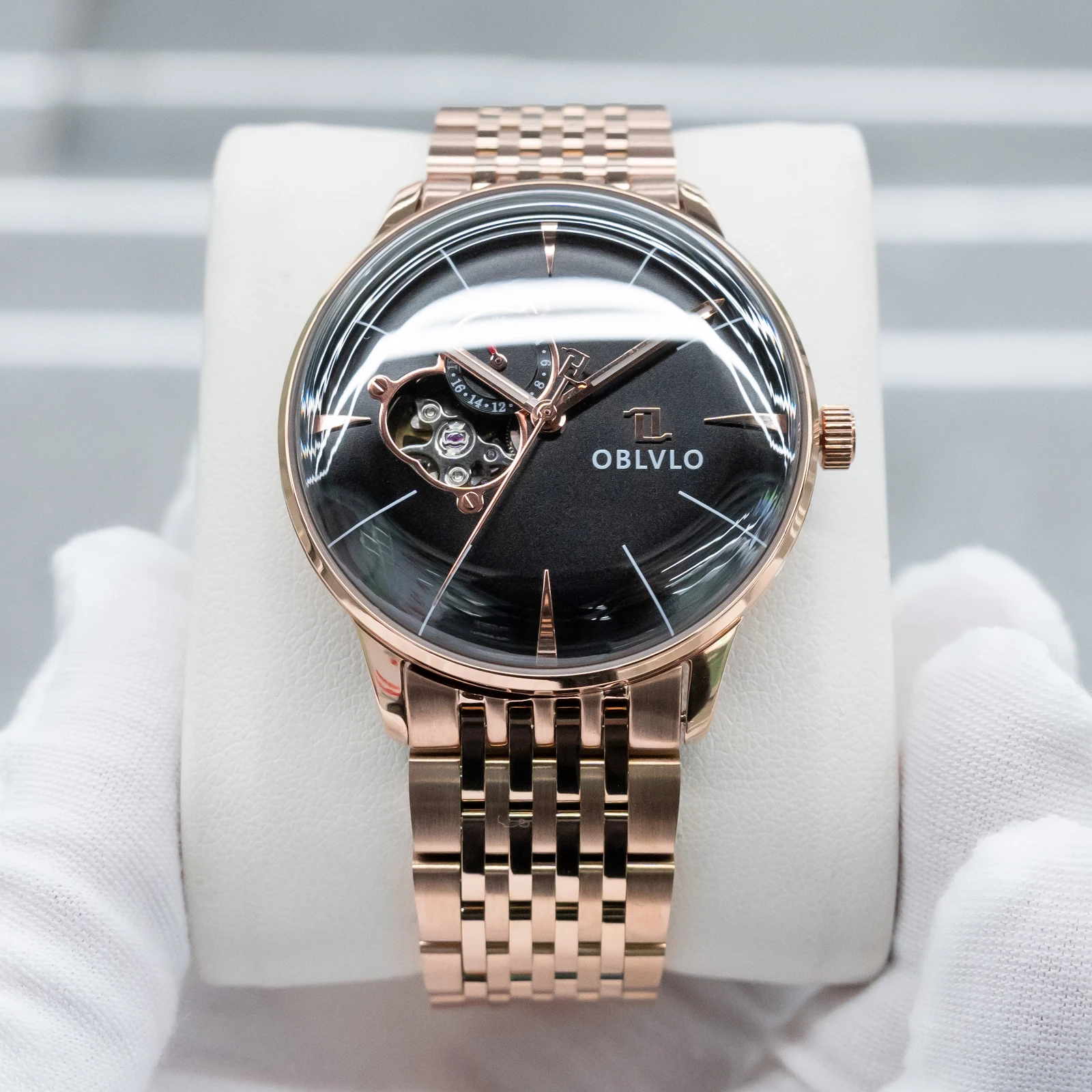 OBLVLO Men's Luxury Skeleton Automatic Watch Rose Gold Black Dial 50m Waterproof Fashion Timepiece with Rose Gold Bracelet Band