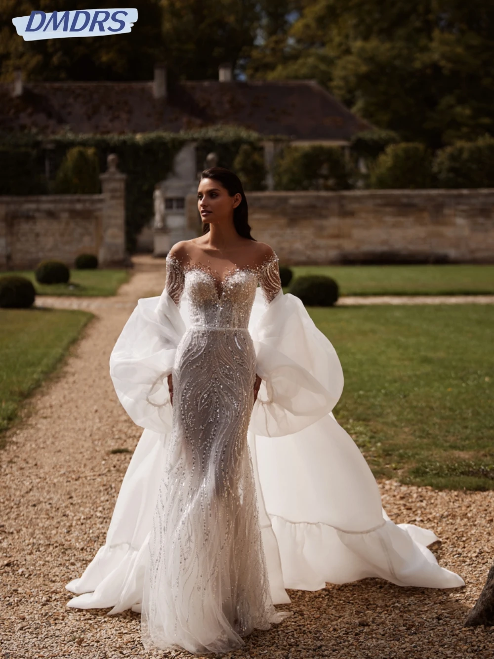 Eenvoudige O-hals Lange Mouw Bruid Gewaad Sprankelende Pailletten Parels Bruidsjurk Elegante Rechte Lange Trouwjurk Robe De Mariée