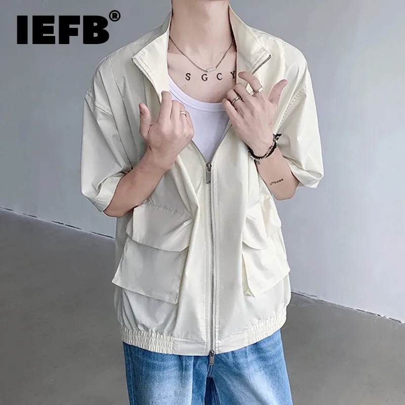

IEFB 2024 Summer New Men's Shirt Stand Collar Short Sleeve Double Zippered Design Loose Korean Style Sun Protection Top 9C5908
