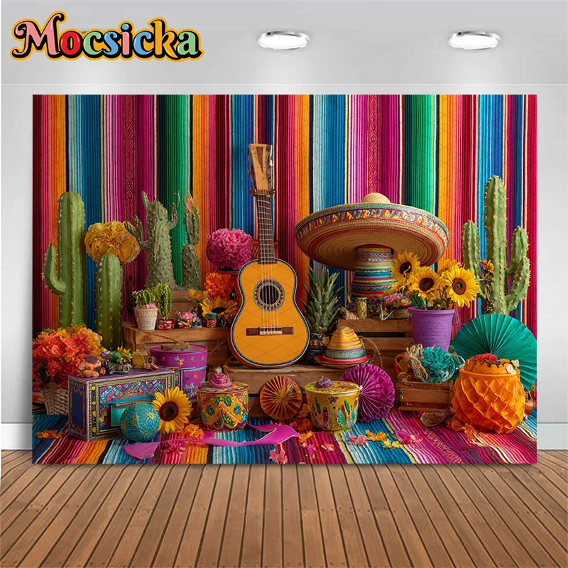 Mocsicka Mexican Fiesta Photography Backdrop Colorful Stripes Guitar Sombrero Background Cactus Party Studio Photo Shoots Banner