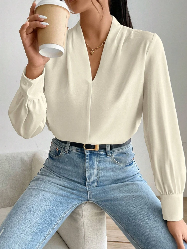 Sexy decote em v manga longa blusas e camisas senhora do escritório outono inverno moda elegante blusa para mulher 2024 feminino preto topos