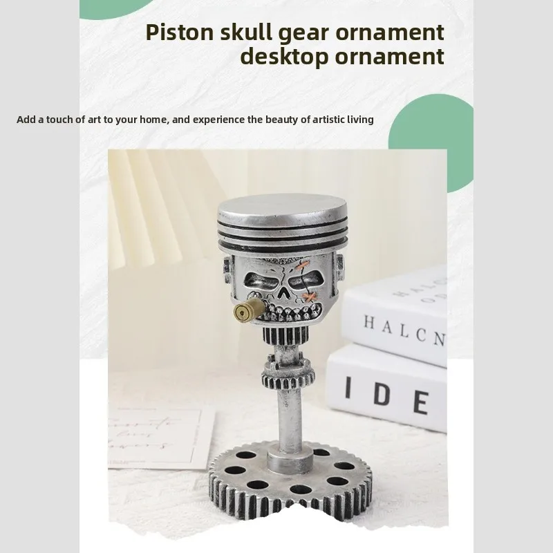 Piston Skull Face Sculpture Resin Steampunk Gear Ornament Mechanical Art Decor
