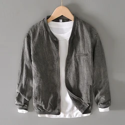 Vintage Linen Jacket Men Spring Autumn New Khaki Pleated Stand Collar Multi-pocket Zipper Loose Jacket Casual Coat Plus Size