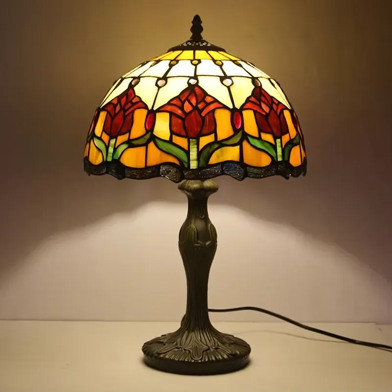 LongHuiJing Tulip Flower for Style Stained Glass LED Eco-Friendly Table Lamp Night Light 12-Inch Lampshade Metal Base Living
