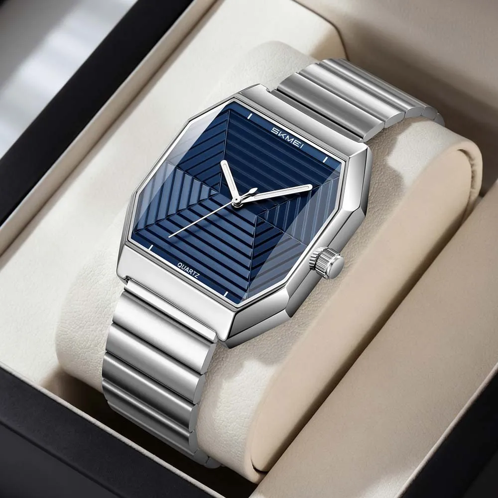 SKMEI Men's Quartz Watch Prism-Inspired Square Dial Stainless Steel Strap Versatile Men's Quartz Wristwatch relojes para hombres