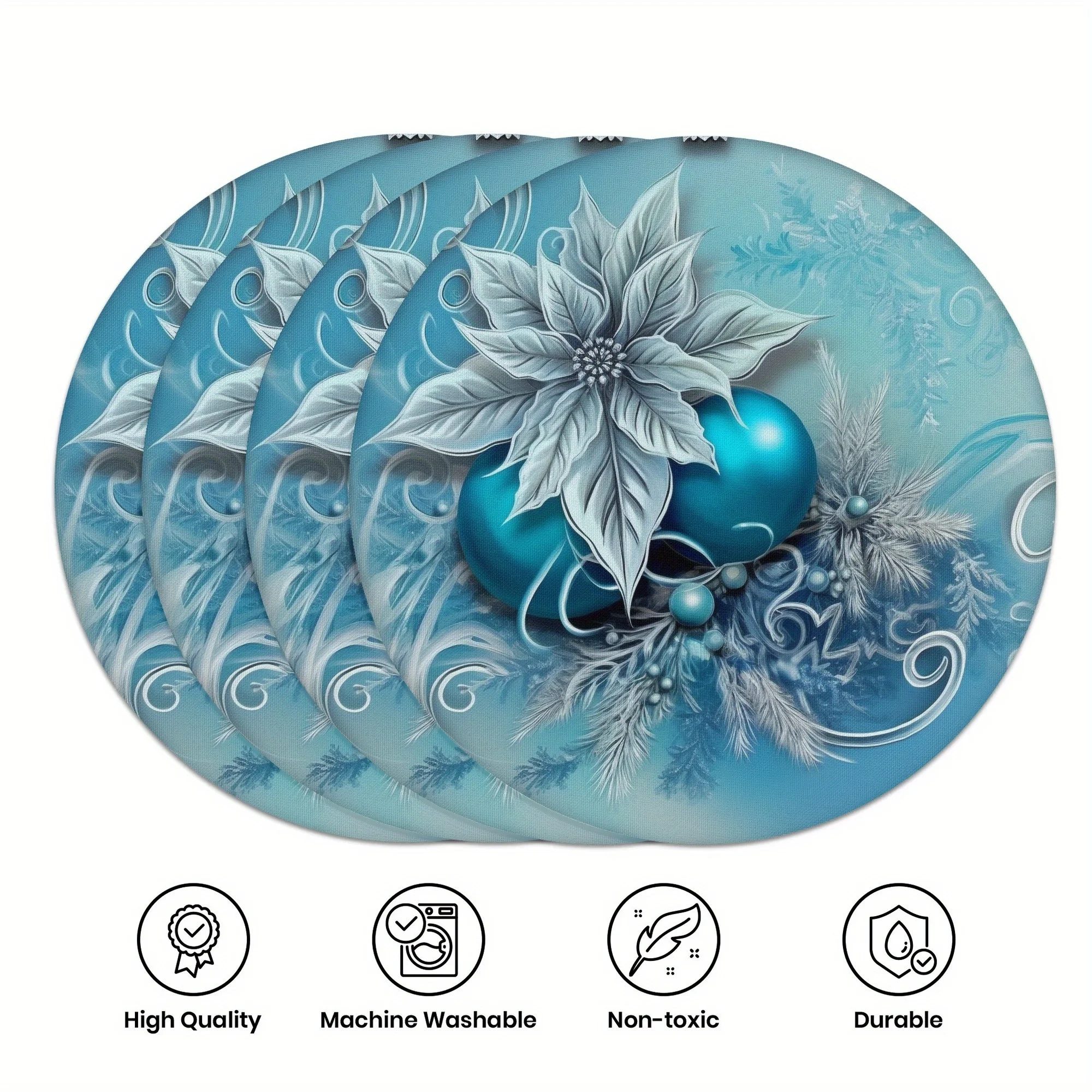 VIKAMA Manteles Individuales florales de piña azul y blanca de 4 piezas, decoración y accesorios redondos para mesa de cena de Navidad para el hogar