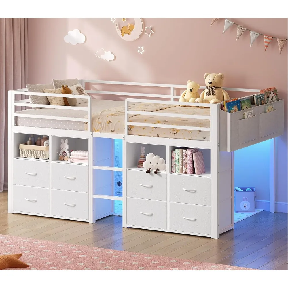 Low Loft Bed Twin Size with 8 Storage Drawers, Twin Loft Bed with Bookcase and LED Lights, Metal Kids Loft Bed with 14