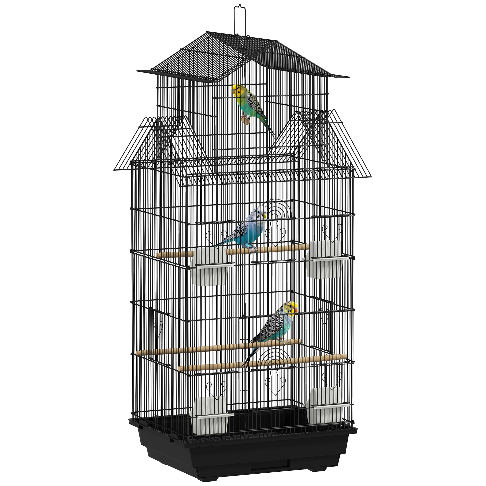 Pawut vogelkooi design huisvoederbakken zitstokken 3 deuren lade verwijderbaar uitwerpselen + handvat transport 50,5x41 x cm zwart