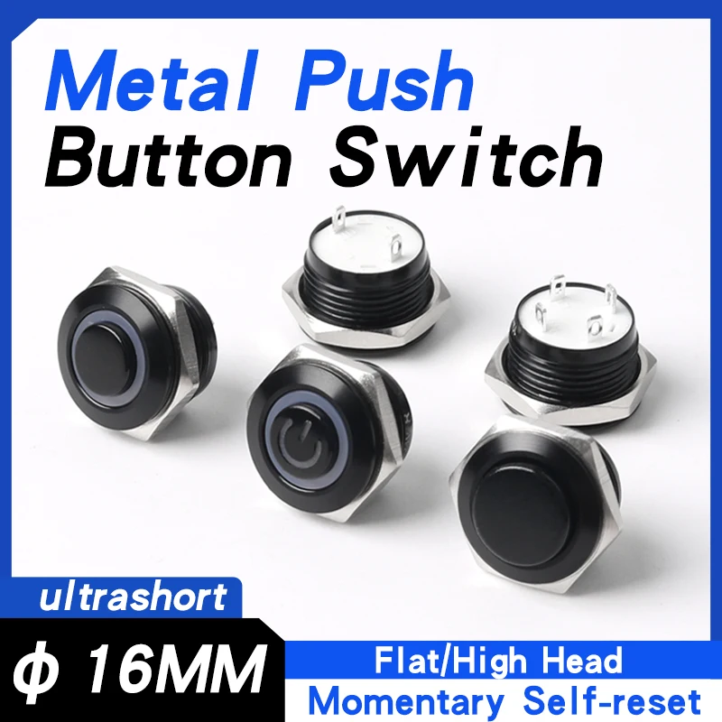 

16MM Ultra-Short Metal Push Button Switch Waterproof Momentary Self-reset Flat Head Oxidized Black 1NO 3V 24V