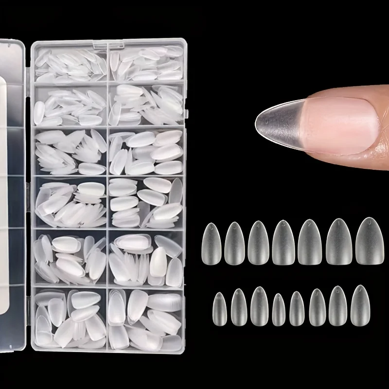 Doos met 600 korte amandelnageltips - Verbeterde matte gelnagelstickers Geen vijl nodig, vooraf gevormde volledige dekking Korte amandelnagel Transparant acryl Valse nageltips voor losweken - afbeelding 1