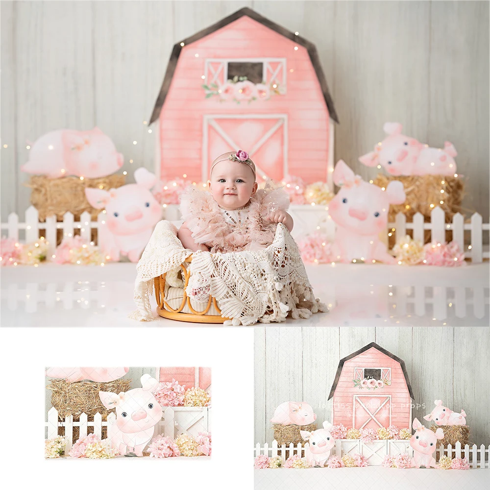 Piggy Farm Backdrops Kids Baby Birthday Cake Smash Photocall Props Girl Child Photography Farmer Backgrounds