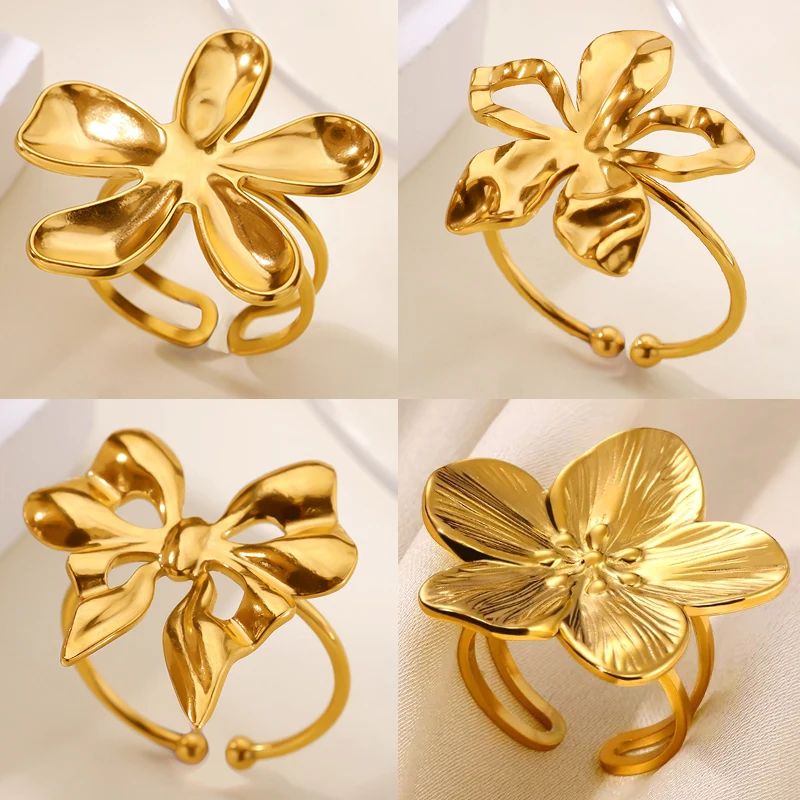 

Cute Ghost Bow Rings for Women Stainless Steel Gold Color Flower Ring Aesthetic Wedding Waterproof Jewelry