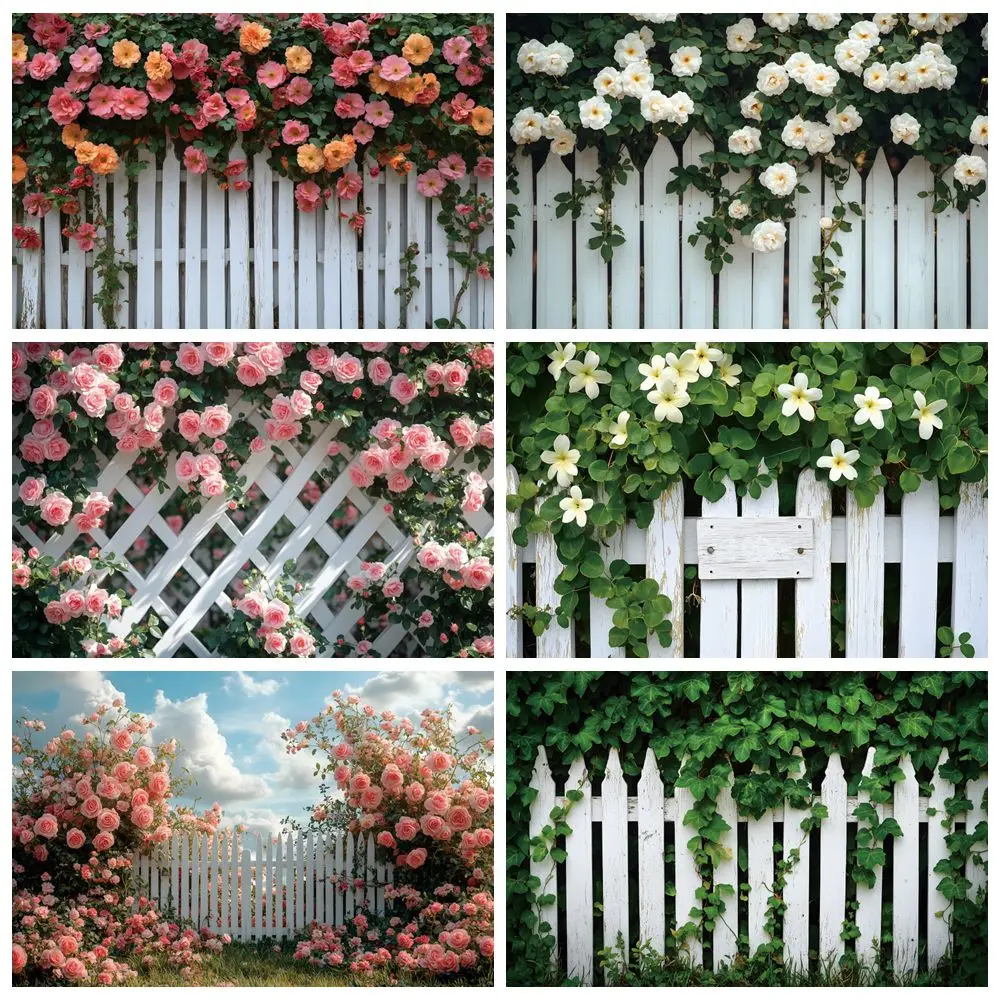 

Spring Garden Flowers Fence Backdrop Natural Scene Green Grass Floral Easter Kids Portrait Photography Background Photo Studio