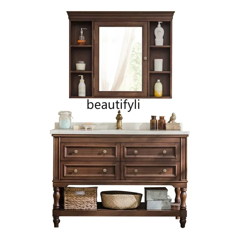 

ss newBathroom Stone Plate American Oak Bathroom Cabinet Floor Wash Basin Solid Wood Washstand