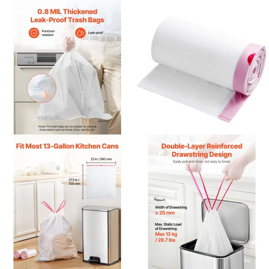 

Мешки для мусора VEVOR на шнурке, 13 галлонов, высота 110, кухонные мешки для мусора, очень толстые, свежие, Snt, мешок для мусора, перерабатываемый мешок с