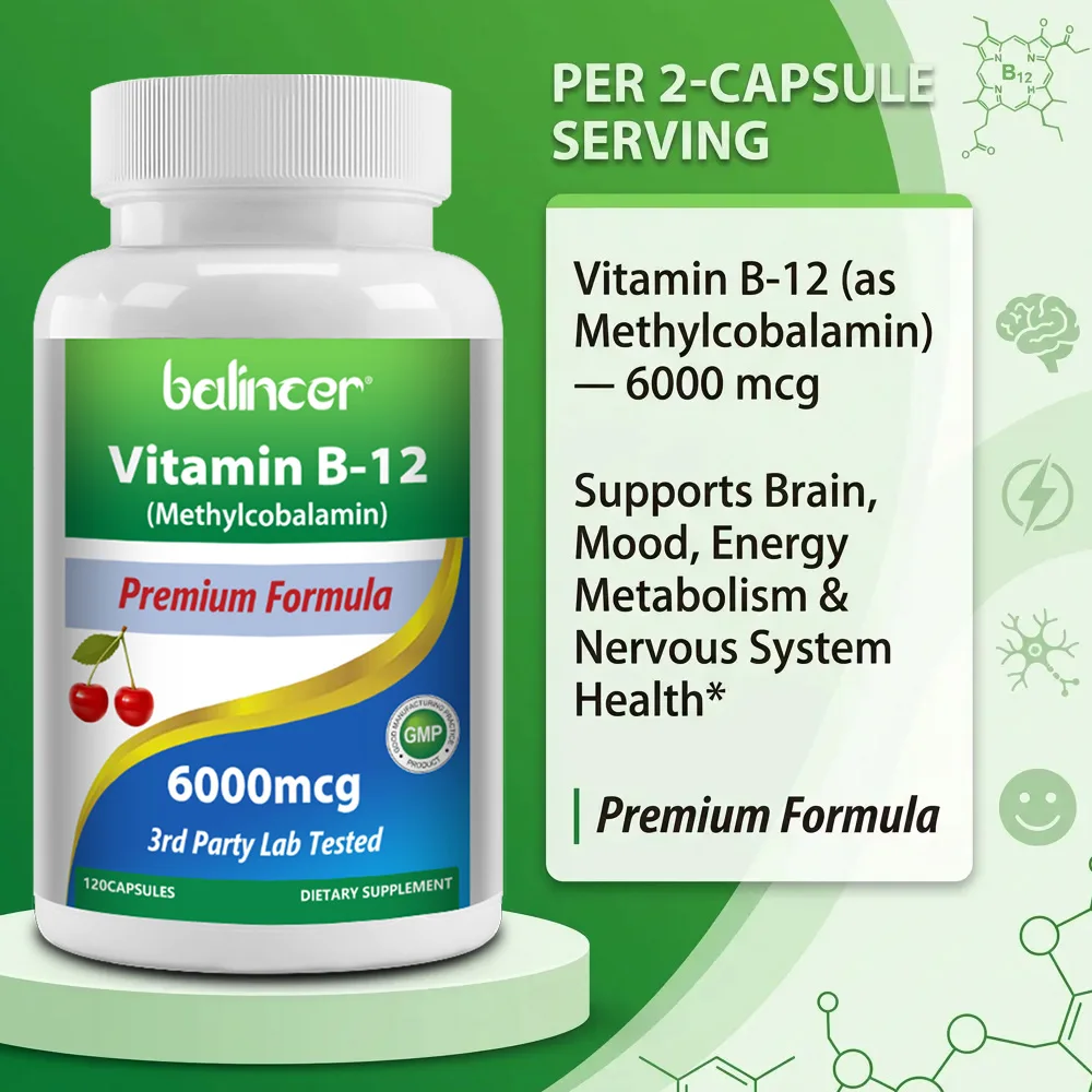 

Vitamin B12 6000mcg, Energy Metabolism, Brain, Energy, Mood, Immune, Nervous System & Heart Health Support, 30/60/120 Capsules