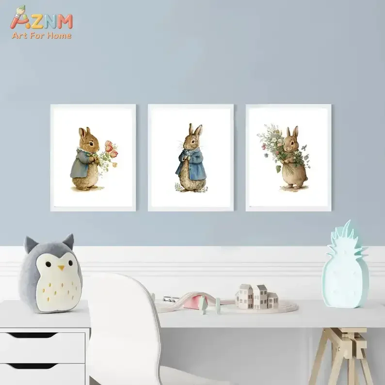 AZNM Watercolor Peter Rabbit Canvas Poster Floral Bunny Vintage Beatrix Potter Style Baby Nursery Wall Decor, Unframed Canvas Pa