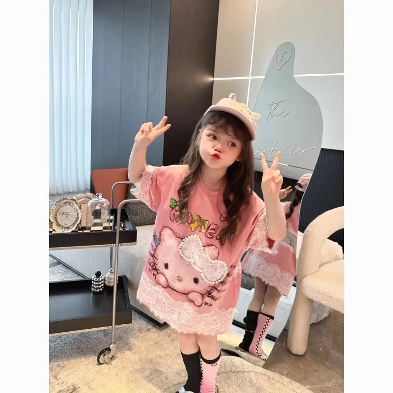 

Kawaii Hello Kitty Sanrio Cute Cartoon Short Sleeve Girls Anime Summer Lace Dress Princess Style Birthday Present for Girls