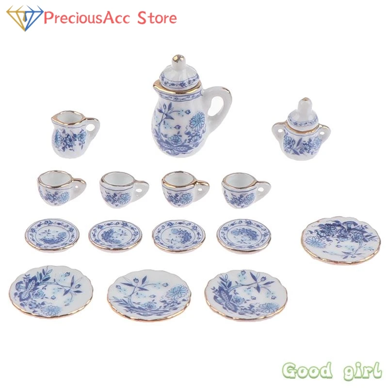 15Pcs 1:12 소형 도자기 티 컵 세트 꽃 식기 주방 인형 집 가구 어린이를위한 장난감 티 컵 인형 집