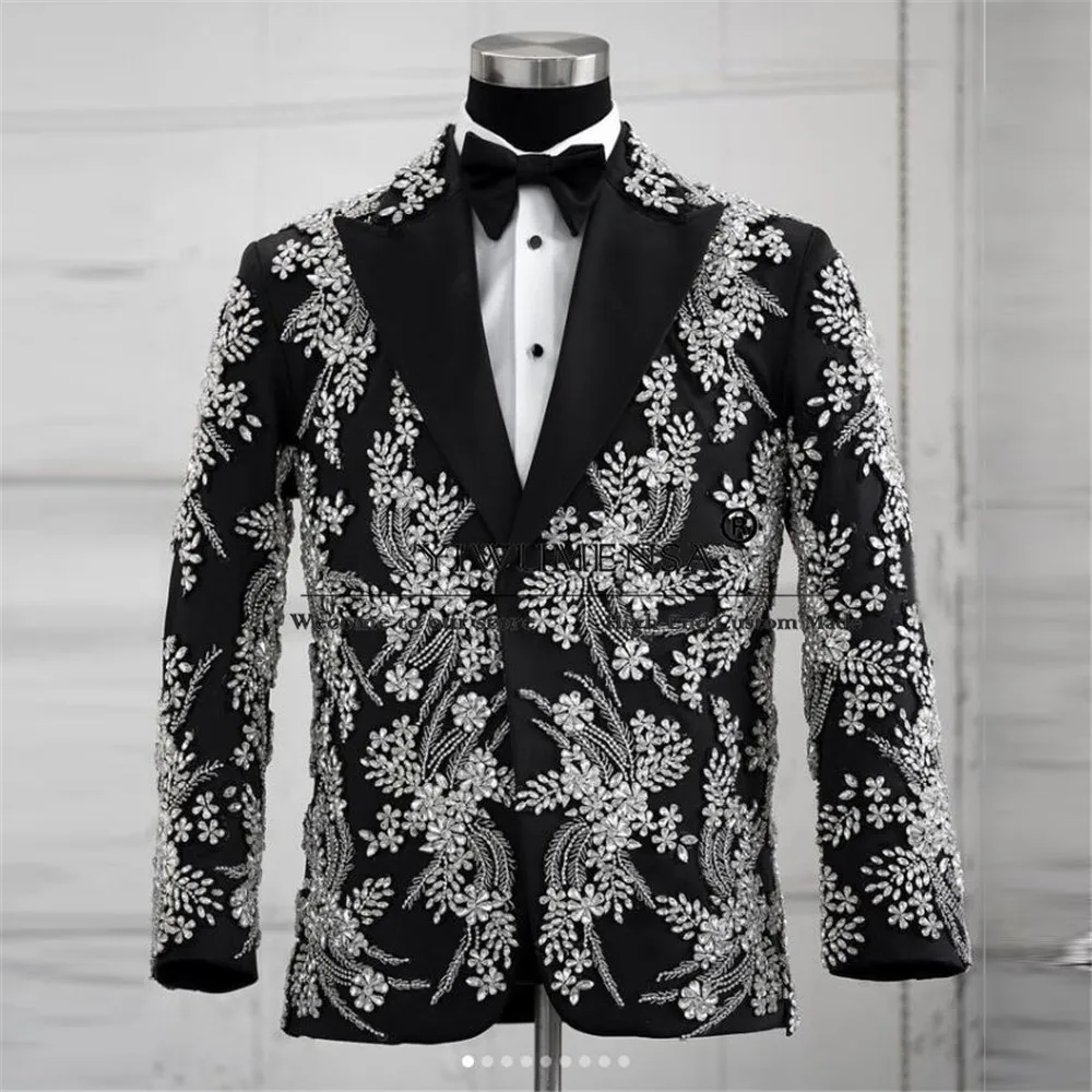 

Luxury Black Suits Men Sliver Gem Stone Applique Prom Blazer Pants 2 Piece Bridegroom Wedding Tuxedo Costume Homme Pour Mariage