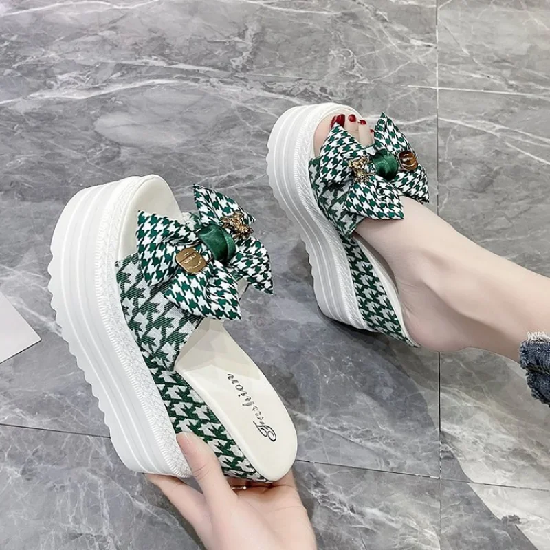 2023 Women\'s High Heel Slippers Luxury Slippers Platform Summer High Designer Fashion PU Shoes Bow Decoration Women Shoes Heels