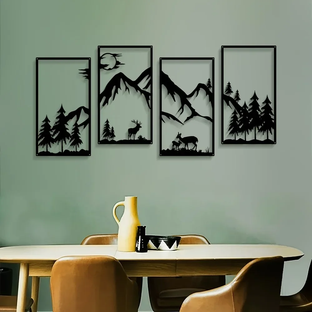 CIFBUY 4Pcs Metal Wall Art, Abstract Mountain Deer Tree Silhouette, 2D Flat Laser Cut, Powder-Coated Rustproof