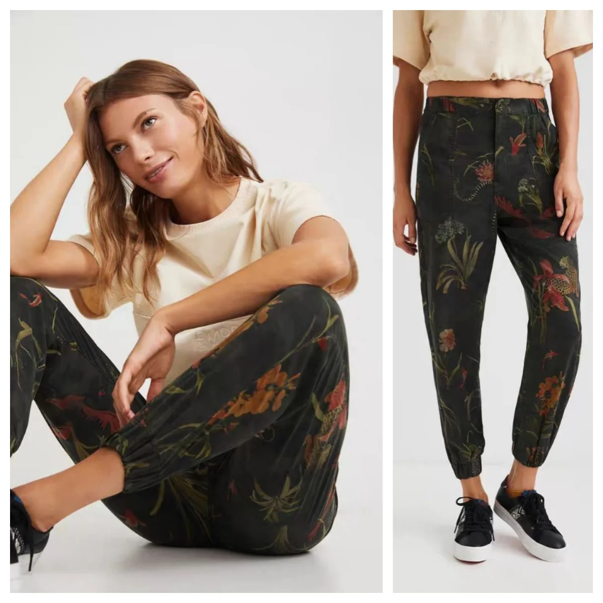 Spanish foreign trade original single jungle asymmetrical printed wide style loose women's casual pants