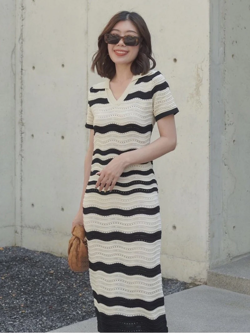 Elegant Short Sleeve Striped Summer Knitted Dress Women Bodycon Maxi Beach Dress Korean Sexy Long Knitted Dresses For Women 2024