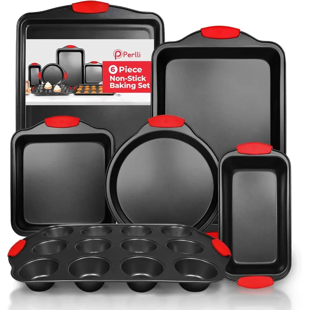 

Non-Stick 6-Piece Bg Pan Set, BPA-ree Carbon Steel Bakeware Set with Silicone Handles, Stackable Kitchen Oven Set, Cookie Sheet,