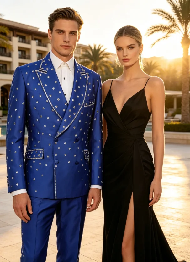 Luxury Crystal Blue Elegant Men Suits Customized Male Prom Blazers Slim Fit Double Breasted Groom Wedding Tuxedos 2 Pieces Sets