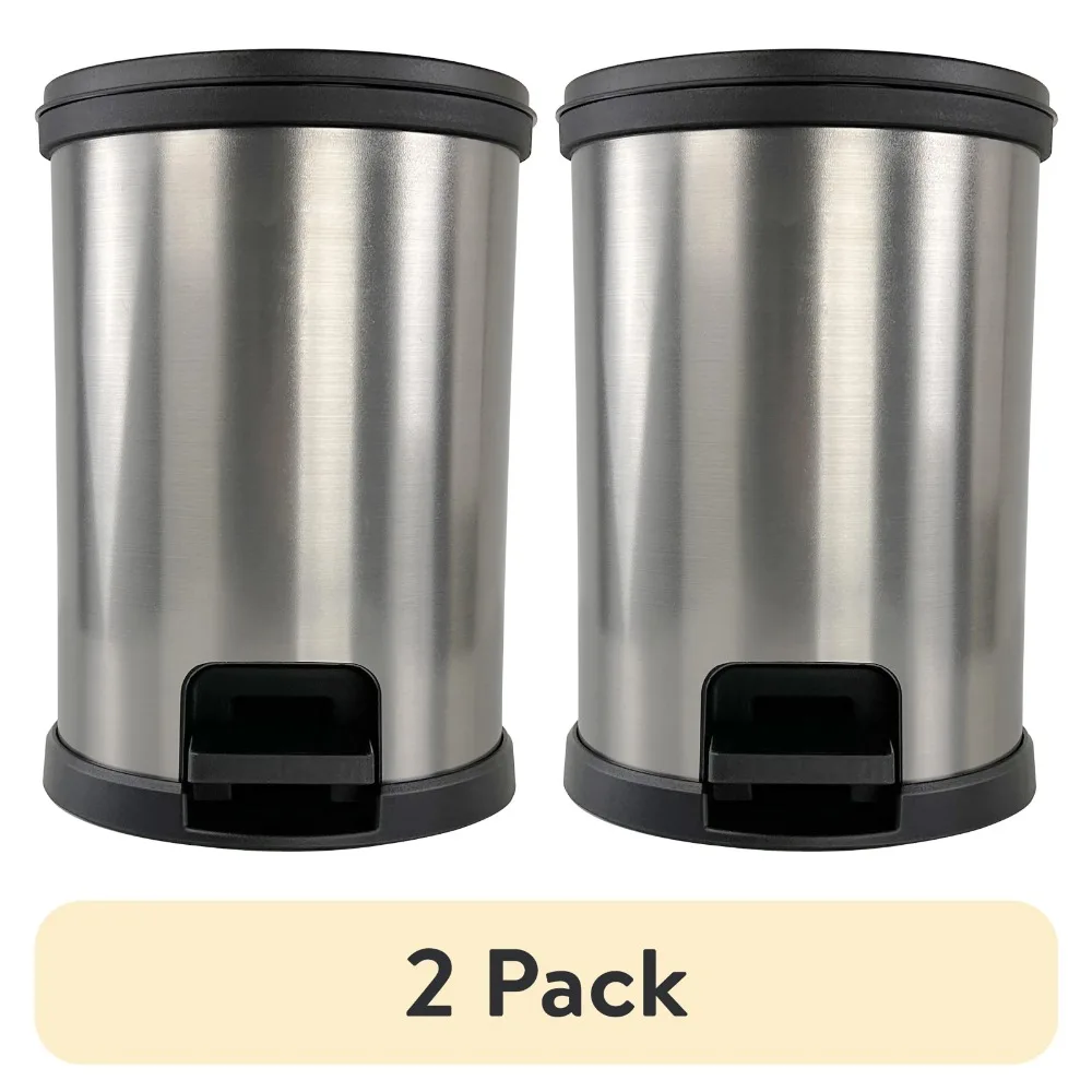 (2 pack) Mainstays 1.5 Gallon Trash Can. Plastic Round Step Bathroom Trash Can, Silver USA