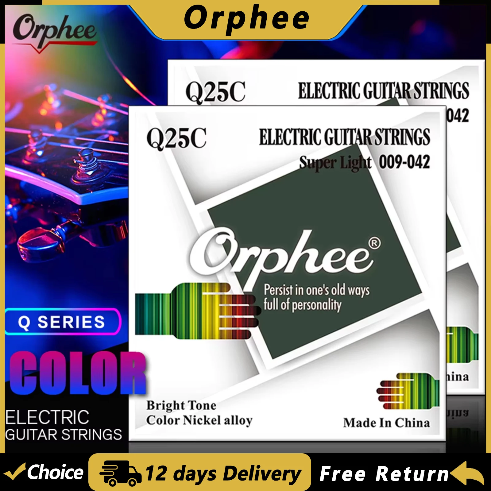Orphee Q25C E-Gitarrensaiten, farbenfroh und cool, Gitarrensaiten mit sechseckigem Kern aus Kohlenstoffstahl, Gitarrenzubehör