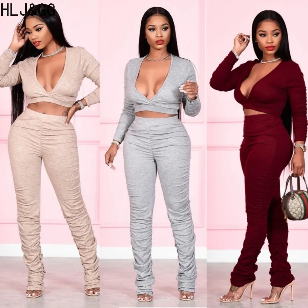 

HLJ&GG Sexy V Neck Long Sleeve Crop Top And Stacked Pants Two Piece Sets Women Solid Matching Outfits Casual Matching 2pcs Suits