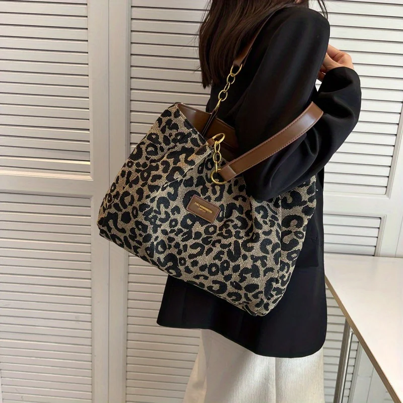 Leopard Print Canvas Tote Bag, Fashionable Shoulder Bag For Women, Perfect For School, Office, And Shopping