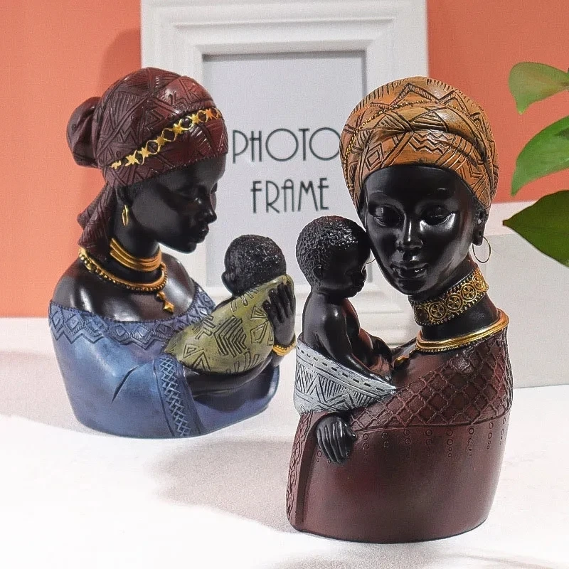 Resin African Exotic Black Mother And Child Statues Retro Figurines for Interior Mother's Day Gift Home Decorations