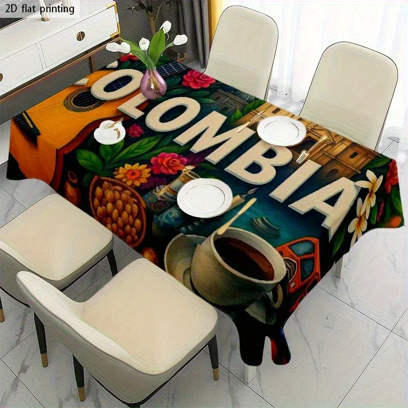 Soft, fashionable and beautiful 2D flat tablecloth. Machine washable and easy to clean. Colombian style, guitar coffee, colorful