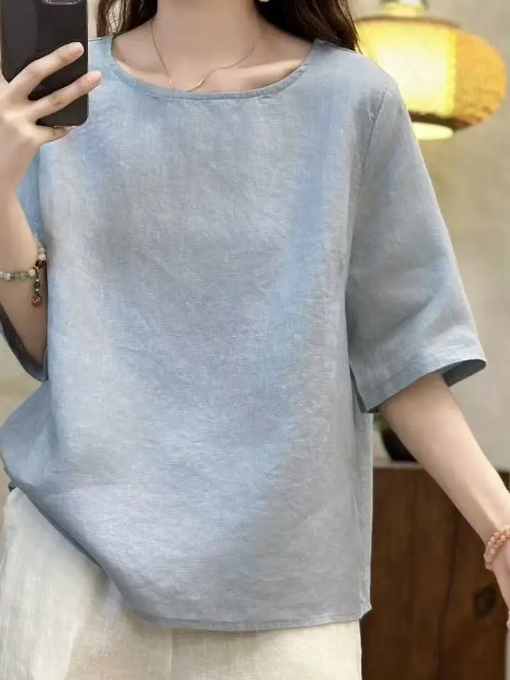 リネン オルト スヴェ ティルト ピュアカラー ウィーブ ルーズ スリミング トップ レディース アーティスティック シン イルト 通勤 スレ ラウンド ネ レギュラー L...