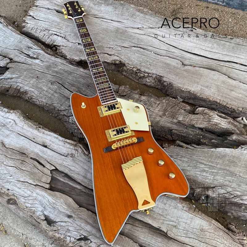 Custom BillyBo Jupiter Electric Guitar, Orange, Cow and Cactus Western Motiff Fretboard Inlays, Gold Hardware Tailpiece