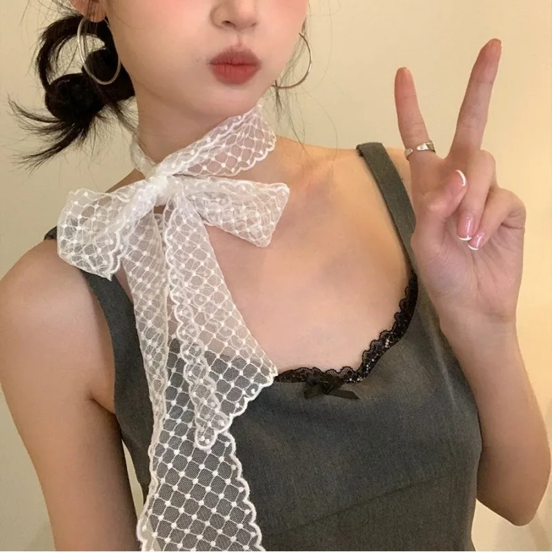 

Korean Spring Summer Ambient Grid Polka Dot Lace Ribbon Scarf for Women Multifunctional Fashion Hair Tie Headband Belt Neck Wrap