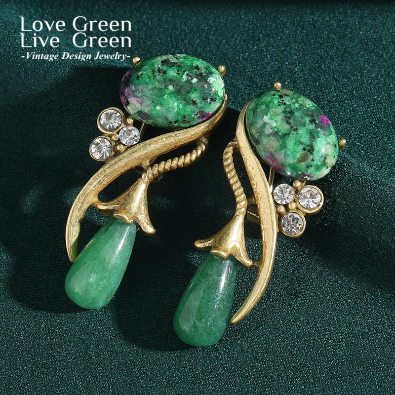 

Vintage Green Earrings Drop Natural Stone Water Droplet Gold Color Luxury Designer Jewelry Antique Wedding Christmas 2025 Trend