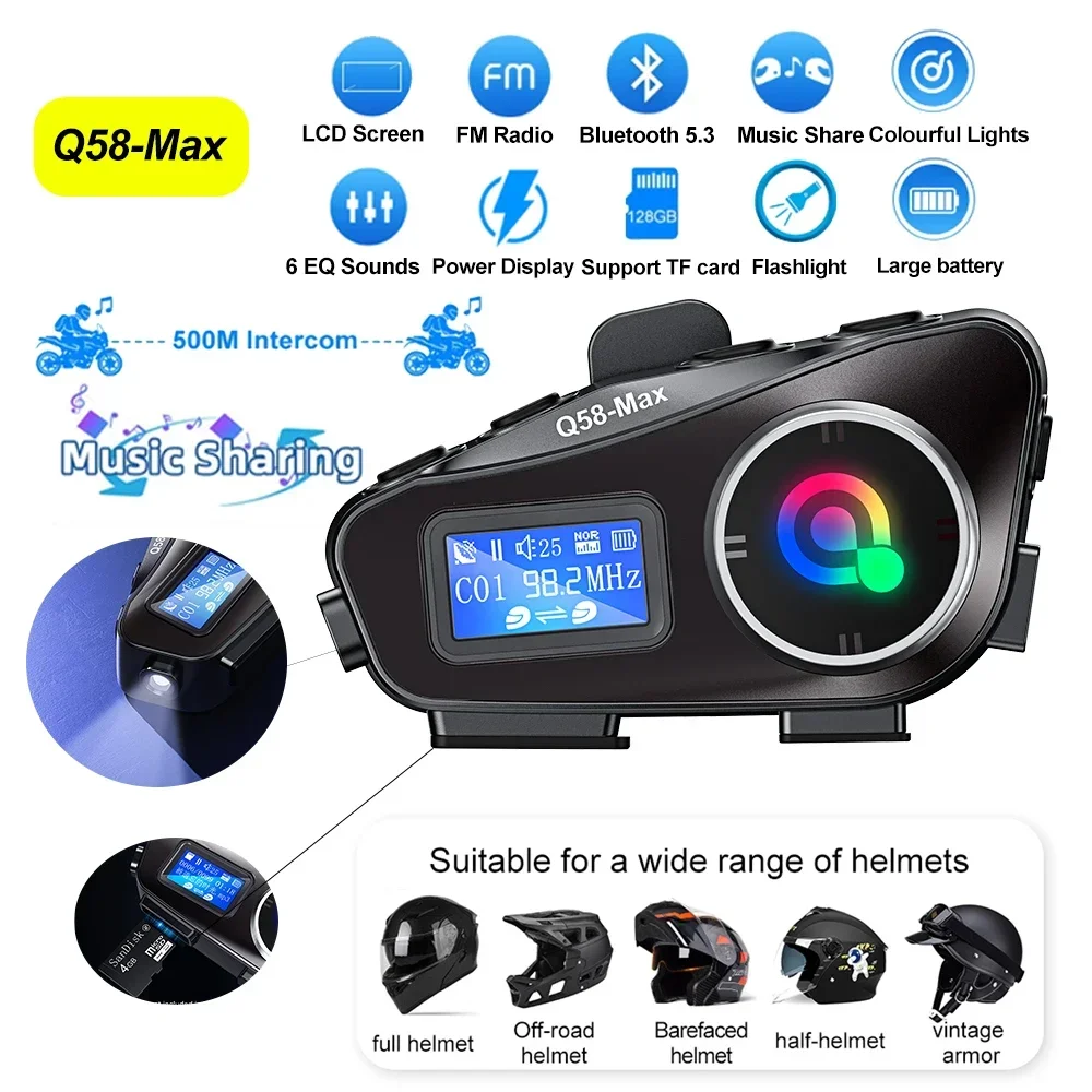 Screen Display 500M Bluetooth Motorcycle Intercom Helmet Headsets Interphone Wireless Communicator BT5.3 FM LED Walkie Talkie