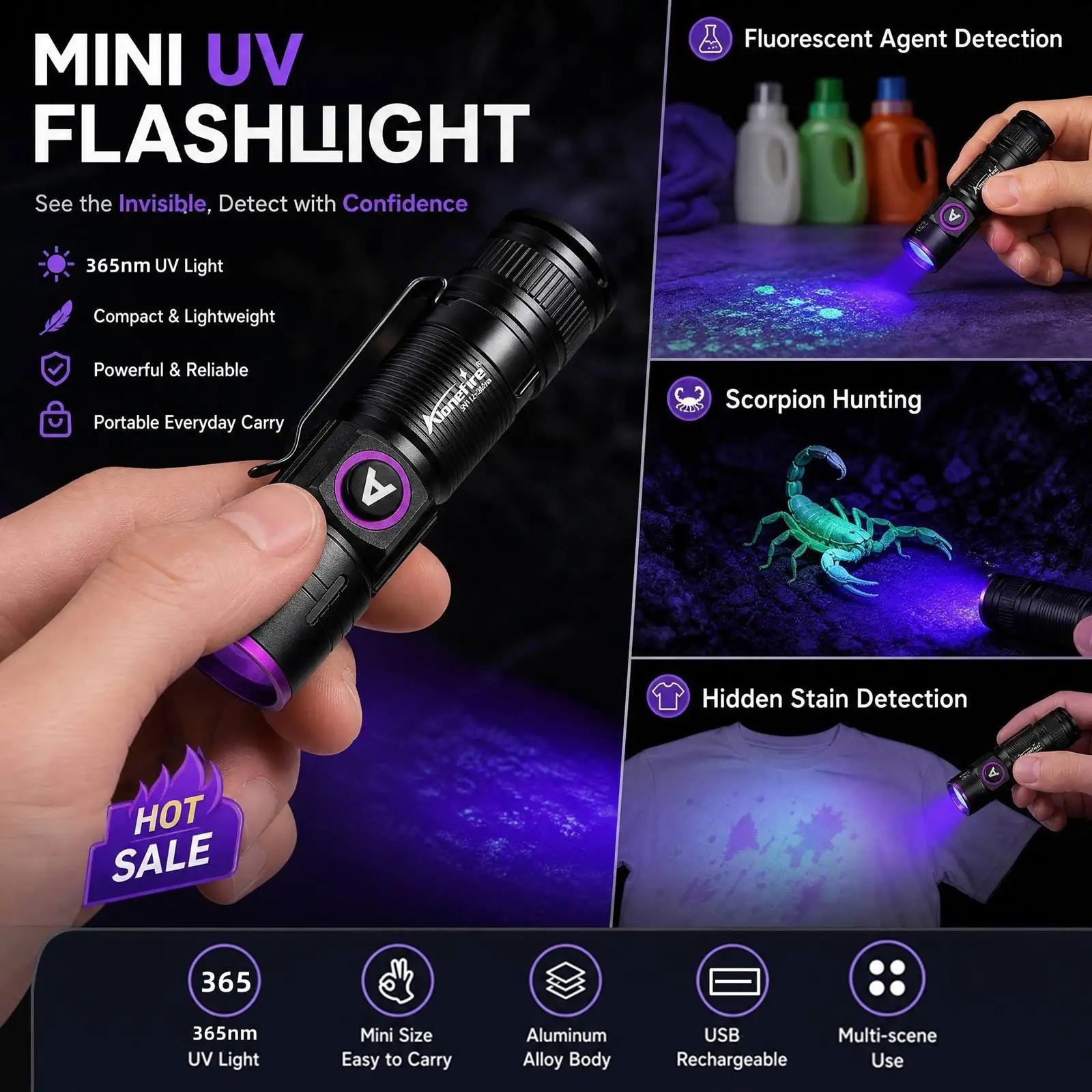 Zoom 365nm/395nm USB Wiederaufladbare Mini-UV-Taschenlampe zur Erkennung von Katzen- und Hundeurin, Tinea, Geld, Erz, Jade und Skorpionen – Detail 13