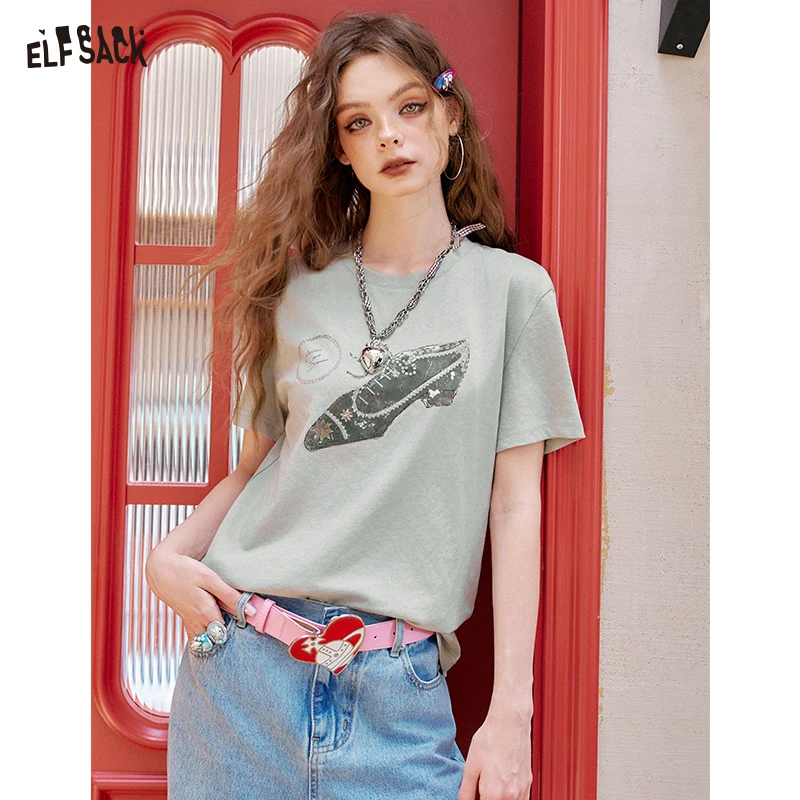 ELFSACK 2025 Summer New Arrivals Fun Printed Short Sleeve Casual Loose T-Shirt For Women