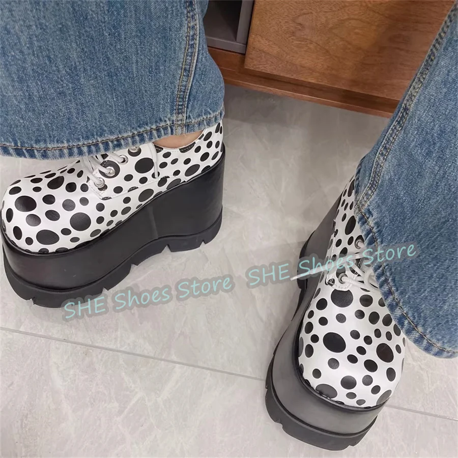 

Lolita Girl Dress Shoes Mixed Color Polka Dot Women Lace-Up Mary Janes Pumps Big Head Chunky Bottom Heigh Increasing Loafers