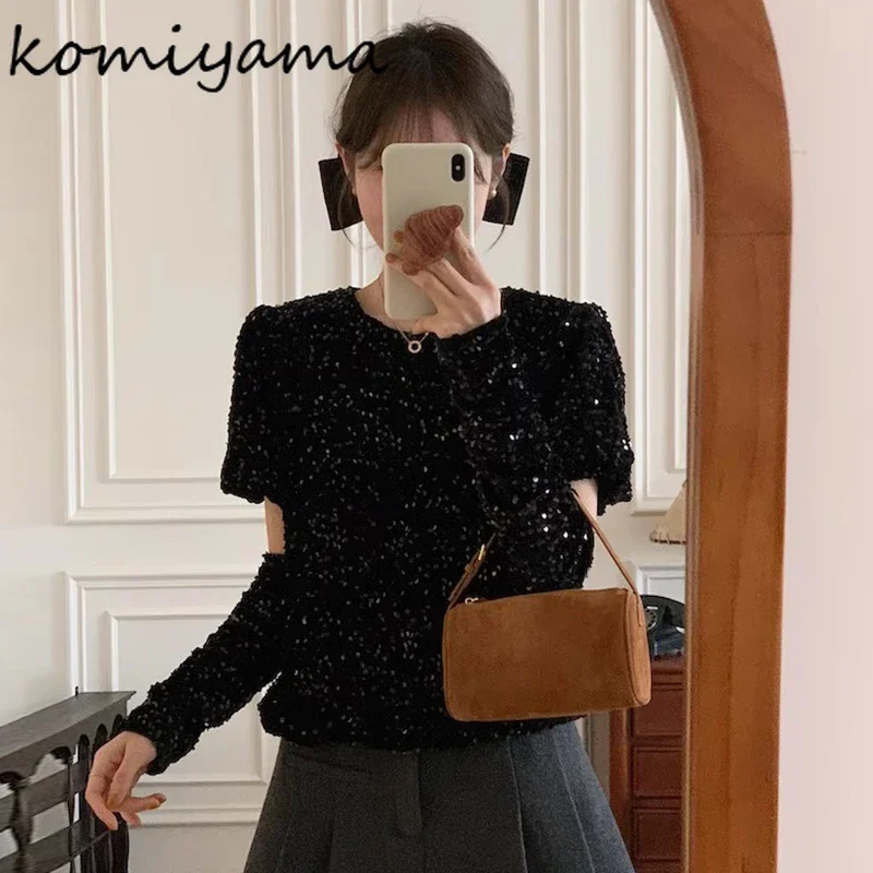 Spliced Sequined 2024 New Women Clothing Round Neck Ropa Mujer Fashion Loose Camisas Korean Elegant Tops with Oversleeve