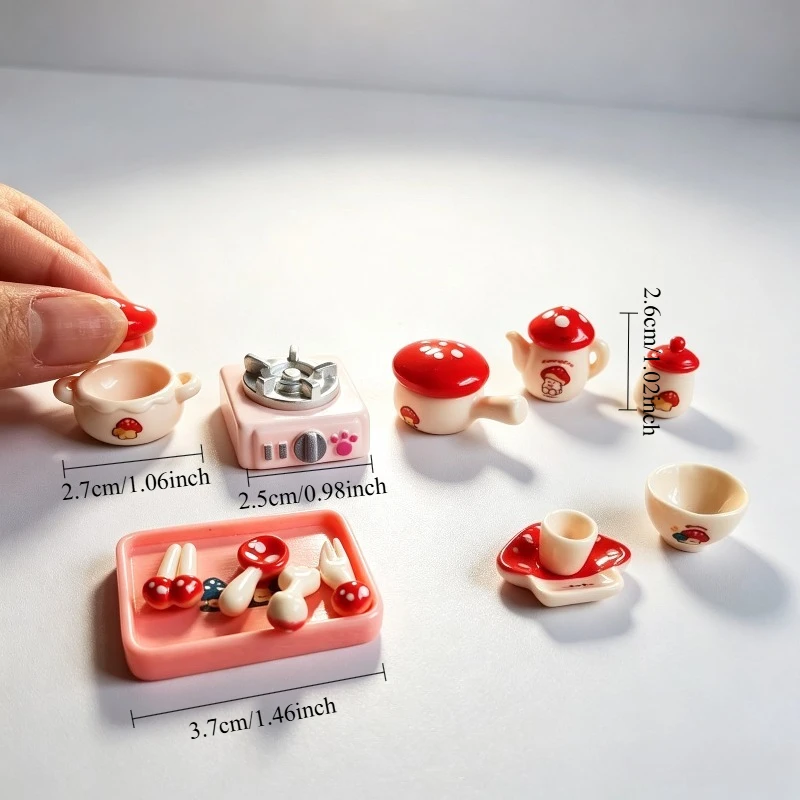 Miniature Mushroom Kitchen Cookware Resin Ornament Dollhouse Accessories Set DIY Micro Landscape Decor Tiny Pot Cup Spoon Charm