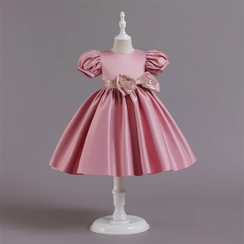 Girls Flower Puff Sleeve Dresses For Wedding Satin Bowknot Kids Formal Birthday Party Princess Clothes Children Tulle Vestidos